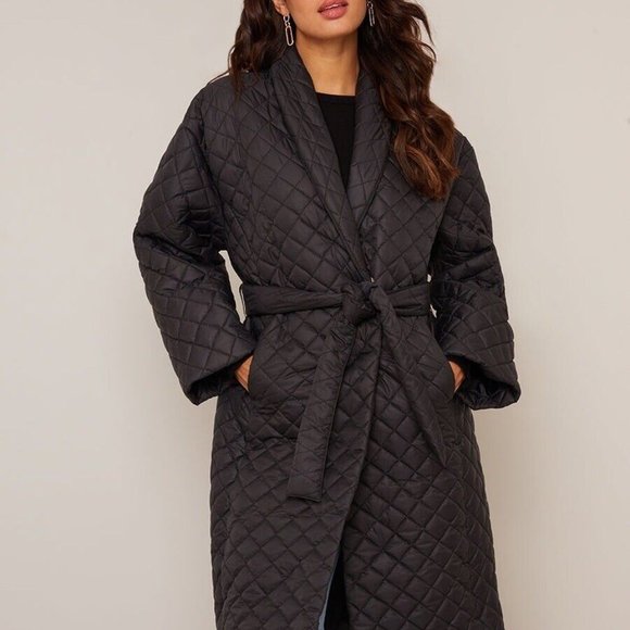 Women Wrap Long Padded Coat Oversize Large L Black Tie Adjustable Pockets - Picture 2 of 15